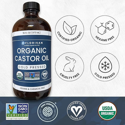 Florisan Organic Castor Oil, EWG Verified & USDA Organic Certified, 16oz, Cold-Pressed, Hexane-Free, Non-GMO, For Hair, Skin, Lashes, Brows, 100% Pure Castor Oil