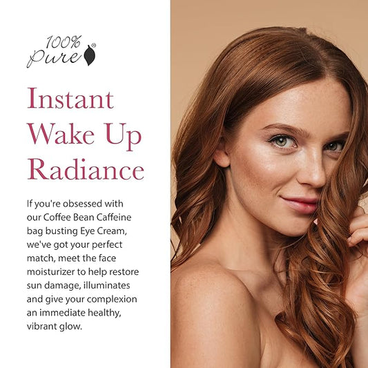 100% PURE Coffee Bean Caffeine Face Cream Glowing Skin Care Anti Aging Youthful Boost Caffeinated Facial Moisturizer with Hyaluronic Acid & Niacinamide for Women & Men - 1.7 fl oz