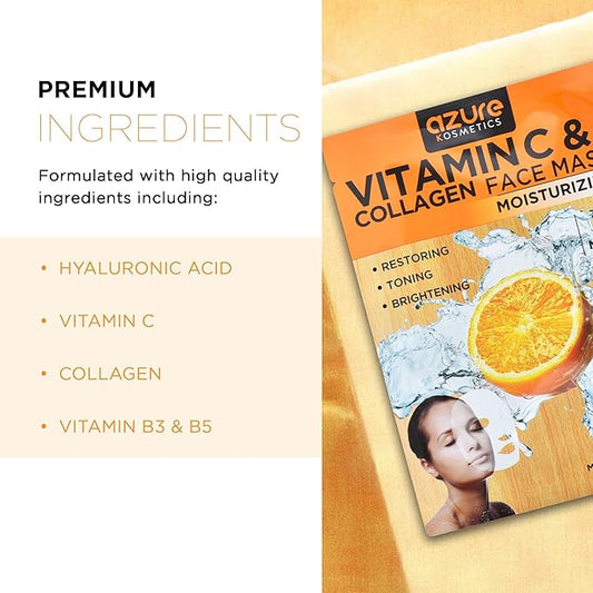 AZURE Vitamin C & Collagen Moisturizing Facial Mask - Anti Aging, Deeply Moisturizing & Firming - Skin Care Made in Korea - 10 Pack
