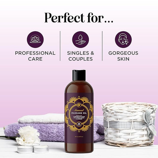 Aromatherapy Sensual Massage Oil for Couples - Relaxing Lavender Massaging Oil for Massage Therapy with Vitamin E Jojoba & Sweet Almond - Naturally Scented Vegan Non GMO & Gluten Free (16 Fl Oz)