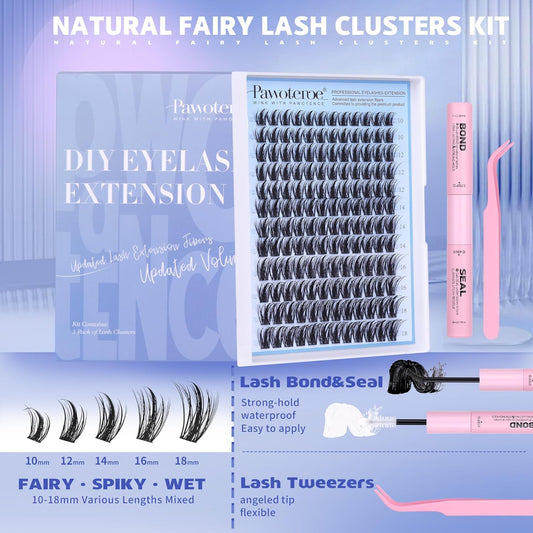 Pawotence Fairy Lash Clusters Kit Eyelash Clusters 10-18mm Wispy Lashes Clusters Eyelash Extension Kit 144pcs Natural Individual Lashes with Lash Bond and Seal, Tweezers, DIY Lash Extension Kit