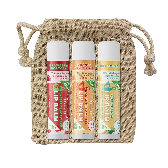 Vegan Lip Balm Set - Variety Pack of 3 Soothing Touch Lip Balms. Large 0.25 oz size. Includes Bonus Muslin Pouch Unique Gift Bundle by Tiny Seed (Strawberry Shortcake, Orange Creamsicle, Piña Colada)