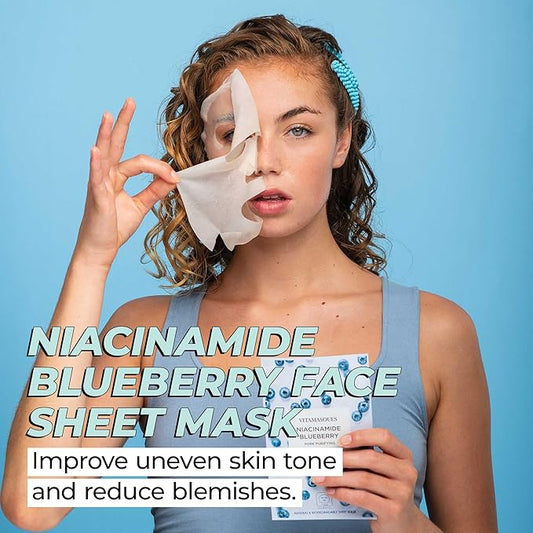 Vitamasques Niacinamide Blueberry Face Sheet Mask 7 Pack - Pore Purifying Korean Skin Care Sheet Face Mask Improves Uneven Skin Tone & Reduces Blemishes