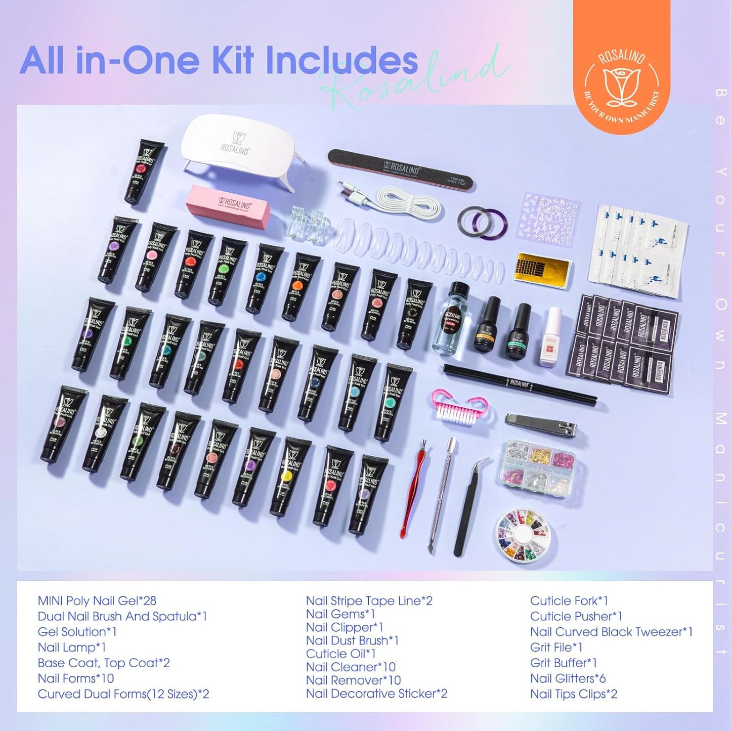 ROSALIND 28 Colors Color Poly Nail Gel Colors Kit with Mini Nail Lamp Clear Neon Poly Nail Gel Starter Kit for Beginners Halloween All Seasons Classic Colors with Everything