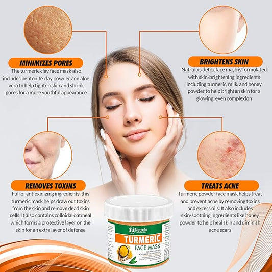 Natrulo Turmeric Face Mask - Skin Brightening Mask with Turmeric and Bentonite Clay - All-Natural Face Mask for Acne Treatment - Boosts Circulation and Removes Toxins - Turmeric Detox Clay Face Mask