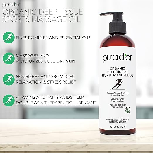 PURA D'OR 16 Oz Organic Deep Tissue Sports Massage Oil for Toned Sore Muscles - Jojoba Oil, Sunflower Oil, Almond Oil, Grapefruit Oil & Eucalyptus Oil - Alleviate Muscle Soreness