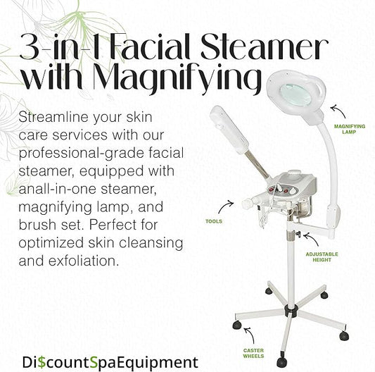 3-in-1 Ozone Facial Steamer, Facial Steamer for Esthetician with 5X Diopter Magnifying Lamp, 5-Piece Brush Set, Silent Timer & Aromatherapy, Facial Steamer Professional
