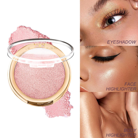YOUNG VISION Pressed Powder Highlighter, Baked Natural Glow Contour Powder & Face Highlighter, Cruelty-Free, Shimmer Highlighting Makeup for Face, Eye, Eyeshadow, Body, Skin (Pink)