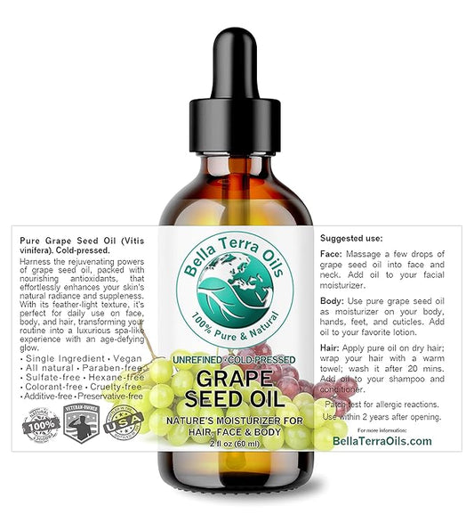 Bella Terra Oils - Organic Grape Seed Oil 2 oz - Cold-Pressed, Abundant in Vitamin E & C, Linoleic Acid, Omega-6 Fatty Acids, A Luxurious Elixir for Radiant Skin