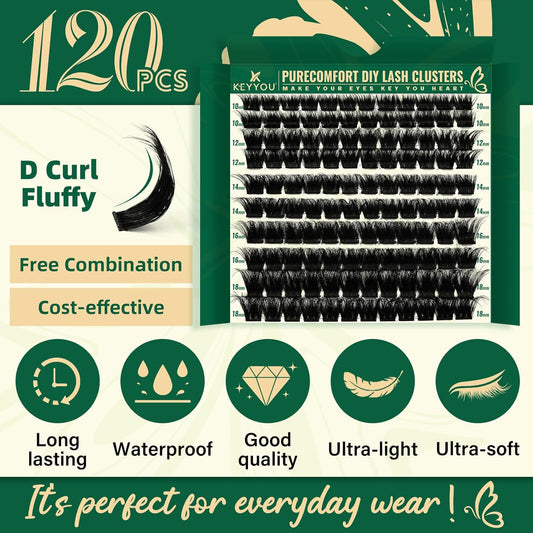 KEYYOU Lash Clusters 120pcs Eyelash Clusters 10-18mix D Curl Cluster Lashes Thick Super Soft Wispy DIY Eyelash Extension at Home(PC03-D-10-18MIX)