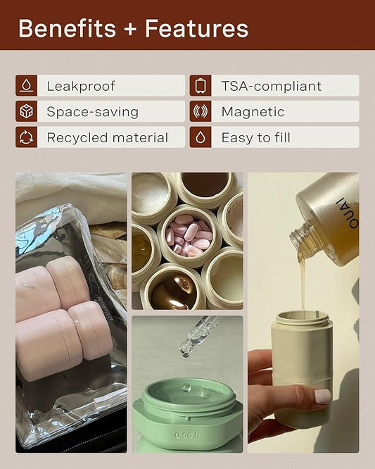 Cadence Travel Containers - Full Skincare Set - Magnetic Travel Capsules - 2 Small (0.56oz), 4 Medium Capsules (1.32oz), & Extender (1.43oz) with Multiple Labels for Better Organization - Pacific