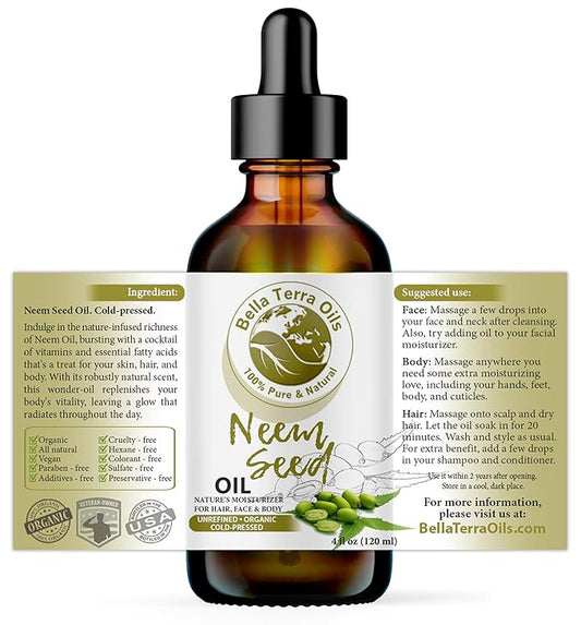 Bella Terra Oils - Organic Neem Seed Oil 4oz - Immerse in the Benefits of Organic Neem, Enriched with Amino Acids & Omega-6, Nourishing Skin Treat