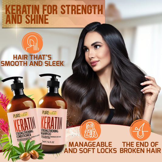 Keratin Shampoo and Conditioner Set - Sulfate and Paraben Free Treatment for Dry Hair - Anti Frizz, Collagen Enriched Formula for Curly or Damaged Hair - Safe for Men and Women with Color Treated Hair
