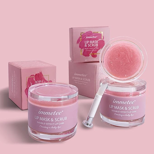 immetee Lip Scrubs Exfoliator & Moisturizer, Lip Mask 2 in 1 Double Effectively Repairs Dry Cracked Lips, Lip Scrubs Exfoliator Dead Skin Moisturizer, Lip Mask Overnight (0.35Oz+Brush)