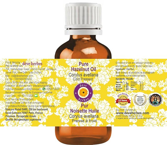 Deve Herbes Pure Hazelnut Oil (Corylus avellana) Cold Pressed 15ml (0.50 oz)