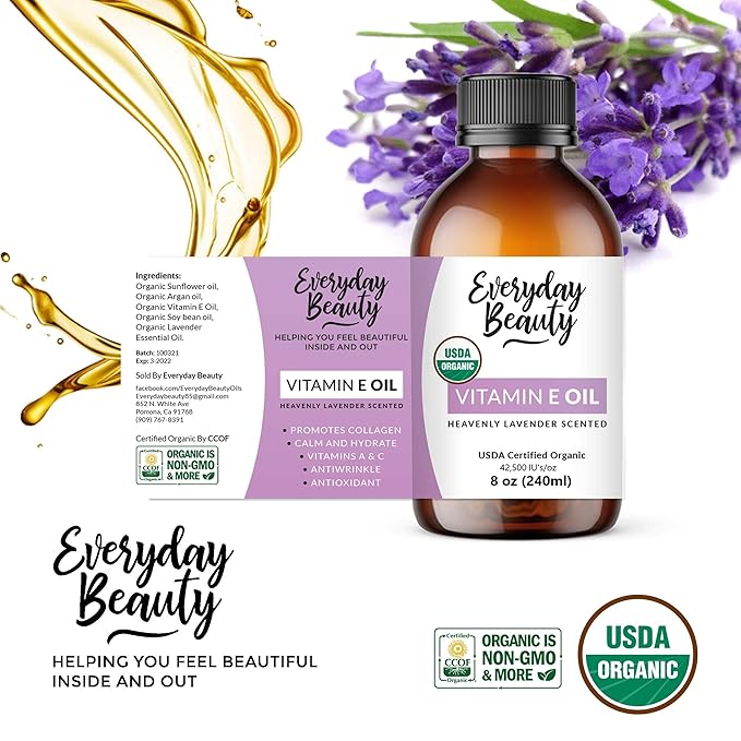 Organic Vitamin E Oil - Heavenly Lavender Scented USDA Certified 100% All Natural Plant Based 8oz - Lightweight and Great for Scars After Surgery - For Face, Skin and Nails - Anti Aging