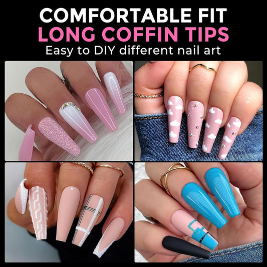 UNA GELLA Long Coffin Nail Tips: 216pcs Coffin Acrylic Fake Nails Full Cover Gel Nail Tips Press On Nails Clear Tips for Nail Extension DIY Salon 12 Sizes