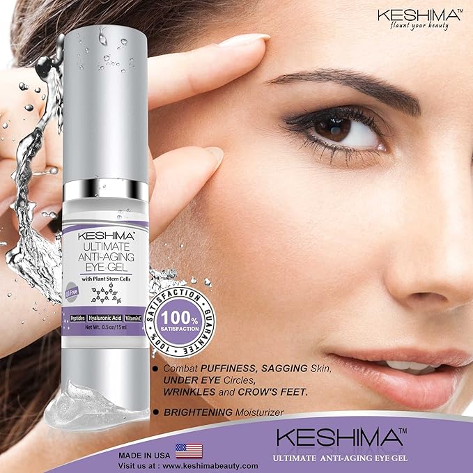 Keshima Eye Gel for Crow's Feet, Puffiness, Sagging Skin, Dark Circles and Wrinkles - Cream with Plant Stem Cells, Vitamin C, Hyaluronic Acid, Complex Peptides, Aloe, Green Tea - Oil Free