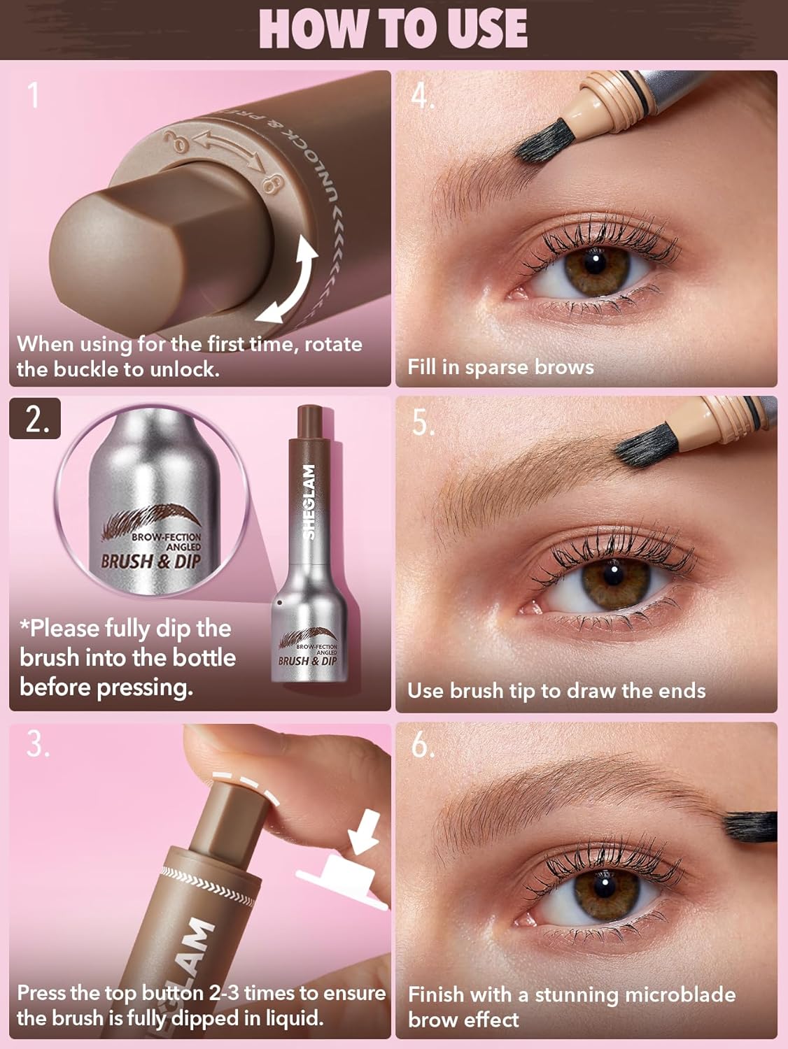SHEGLAM Brow-Fection Angled Brush & Dip Upgraded Microblading Eyebrow Pen Long Lasting Waterproof Easy To Color-Charcoal
