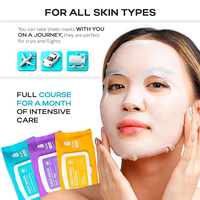 NSC Korean Moisturizing Face Masks with Hyaluronic Acid - 30-Pack Premium Hydrating Sheet Mask Set - Advanced K-Beauty with Shea Butter and Jojoba Oil - Skincare Monthly Supply for All Skin Types