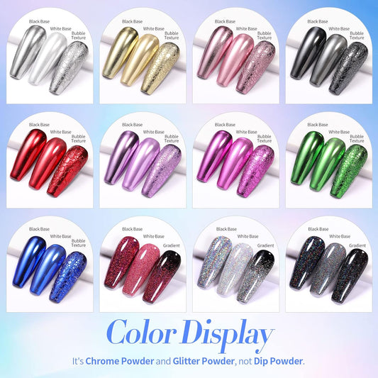 Born Pretty Mirror Chrome Nail Powder Set 12 Colors Metallic Mirror Effect Nail Powder Holographic Aurora Chameleon Pigment for Nail Art Gel Polish Mermaid Powder Decoration Sets