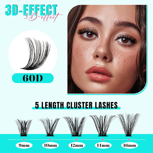 Lash Extension Kit 200PCS Lash Clusters Mix Eyelash Extension Kit with Waterproof Lash Bond and Remover,Individual Lashes with Lash Tweezers for Beginners at Home(60D,D-Mix9-16mm)