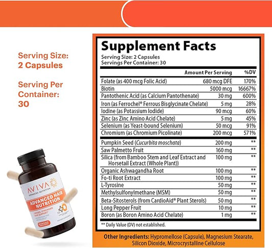 AVIVA - Advanced Hair Nutrition Hair Growth Vitamins, Hair Growth Supplement for Voluminous Tresses, Hair Vitamins with 5000mcg Biotin, 18 Essential Oils, Nutrients and Vitamins for Hair, 180 Capsules