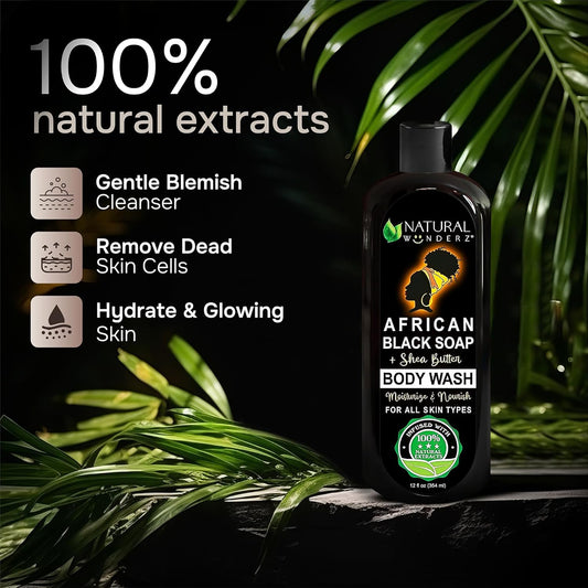 African Black Soap Body Wash, 12 oz – Sulfate‑Free, Vegan Cleanser with Shea Butter – Soothing, Detoxifying Shower Gel for Men & Women