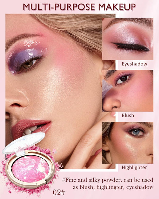 Baked Powder Blush, Glow Marbleized Blush Powder Palette,Lightweight Shimmery Facail Blusher for Face Cheeks,Eyeshadow & Highlight,Makeup Gift for Women rubores de maquillaje(0.49Ounce)-02