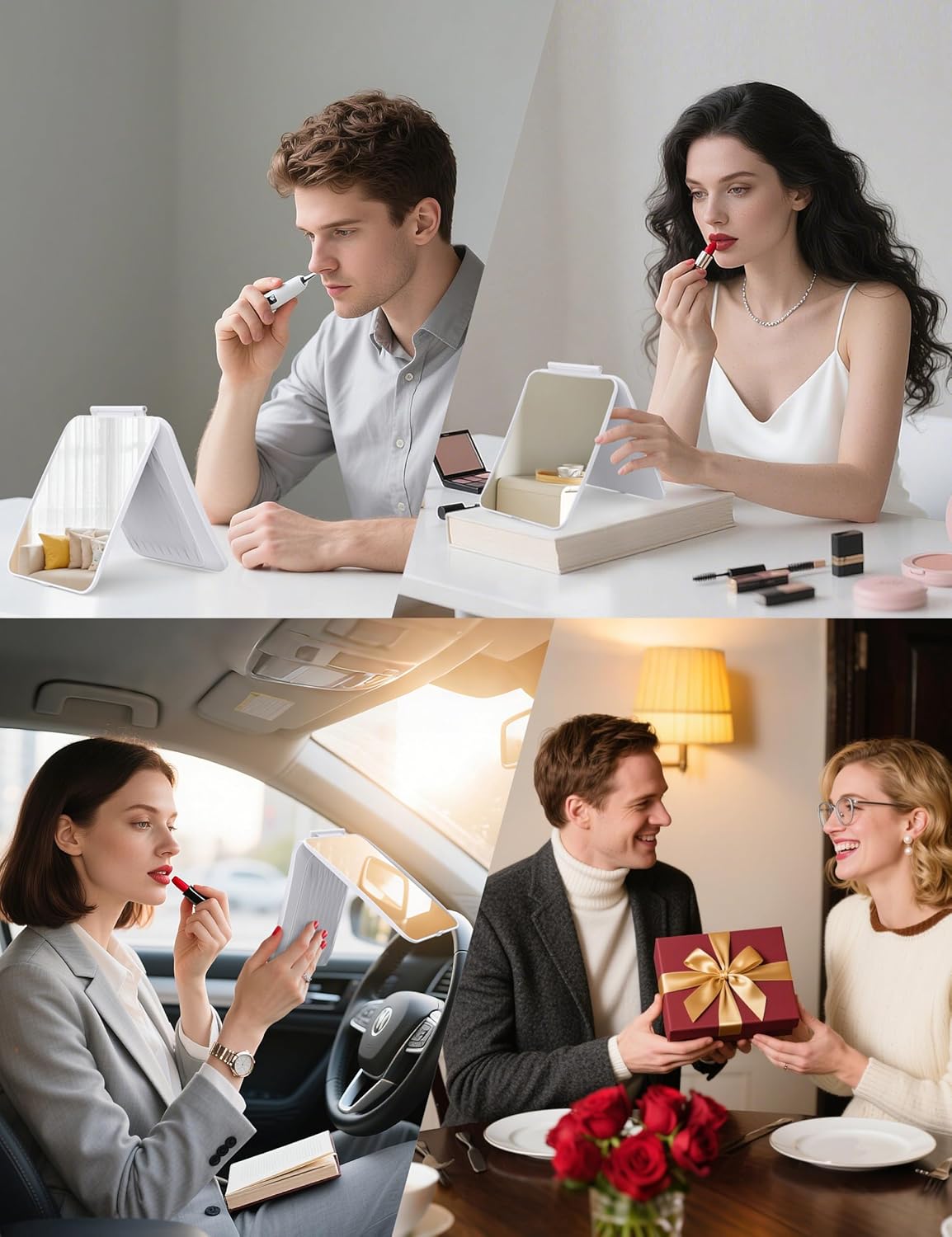 Travel Makeup Mirror with 1X/10X Magnifying, Portable Folding Make Up Tabletop Mirror for Office, Compact Vanity Mirror for Travel (Pearl White, No LED Lights)