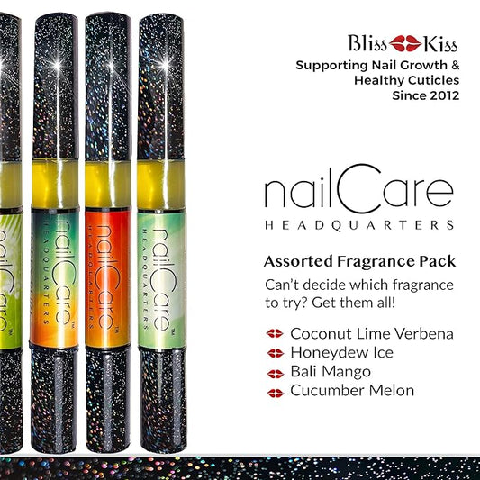 Cuticle Oil Pen for Nails - Nail Strengthener & Growth Serum for Damaged Nails, Hangnails w/Jojoba cuticle oil—Mixed Fragrances - Holographic Glitter Pens 4-Pack