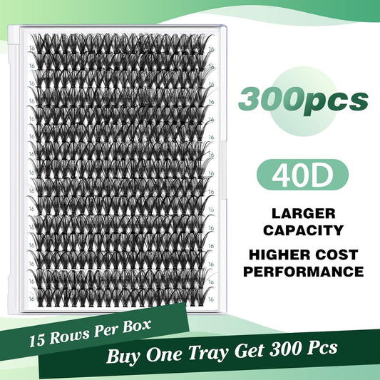 Lash Clusters 300pcs Individual Lashes 40D 0.07D Curl 16mm DIY Eyelash Extension KEYYOU Large Tray Volume Soft&Natural Cluster Lashes(40D-0.07D,16)