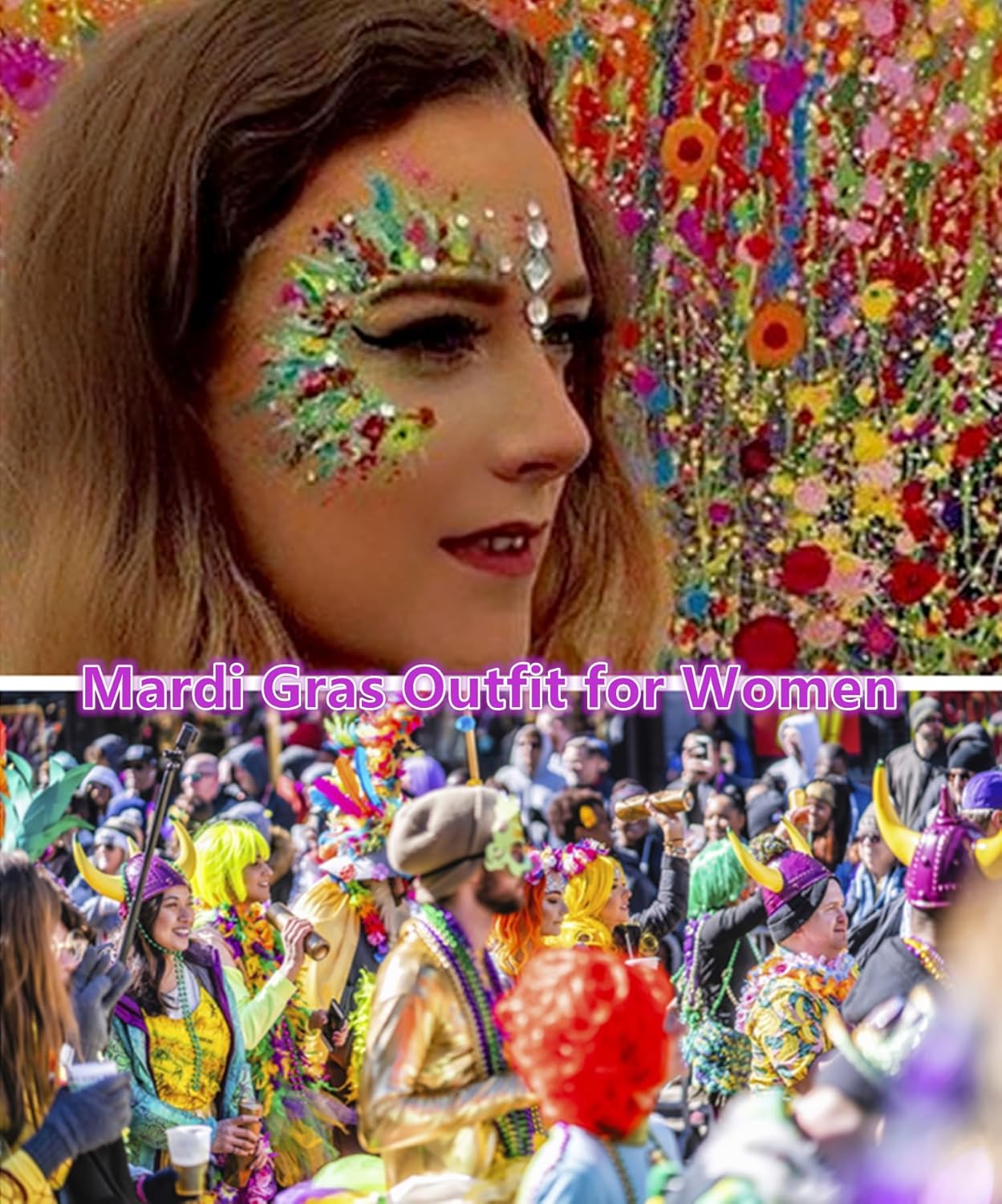 Go Ho Face Body Glitter Gel,Mardi Gras Outfit for Women and Kids,Sparkly Holographic Party Festival Rave Mardi Gras Accessories for Carnival,Gold Green Purple Chunky Glitter Makeup,52g