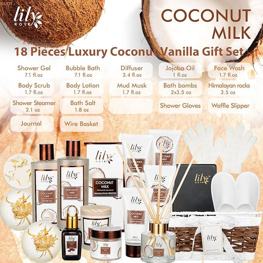 Mothers Day Gifts for Mom Coconut Vanilla Spa Gift Basket for Women 18 Pcs Luxury Bath & Body Set with Shower Gel | Relaxing Self Care Pampering Gifts for Her, Birthday, Christmas, Bridal Shower