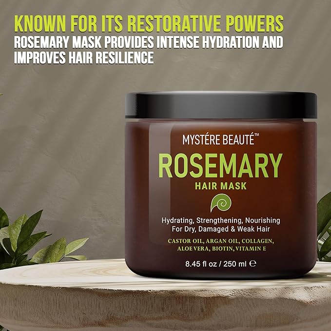 Rosemary Hair Treatment - with Collagen, Biotin, Argan Oil for Dry, Damaged, Curly Hair - Strengthening Deep Conditioner for Split Ends & Growth - 8.45 fl oz