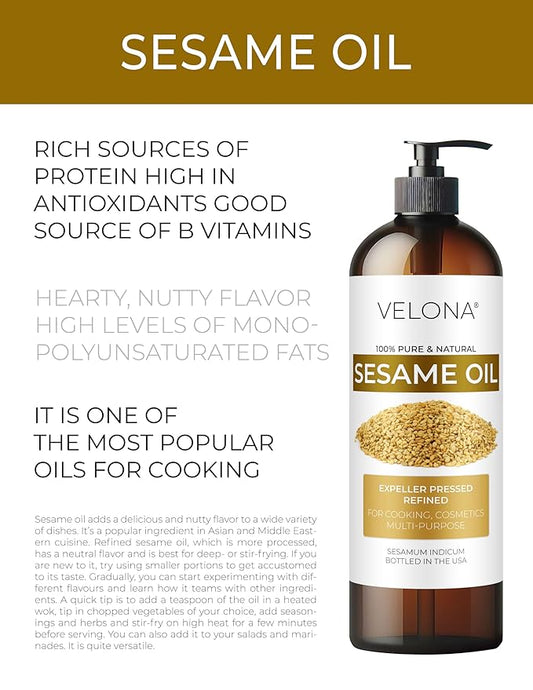 Sesame Seed Oil by Velona - 32 fl oz | 100% Pure and Natural Carrier Oil | Refined, Expeller Pressed | Cooking, Skin, Hair, Body & Face Moisturizing | Use Today - Enjoy Results