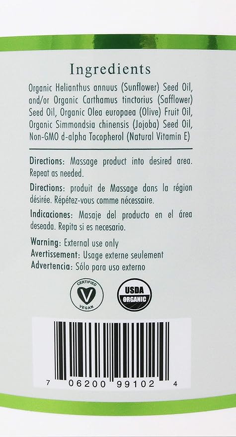 Organic Massage Oil Blend (1 Gallon) - Unscented, Nut Oil Free, Gluten Free and USDA Certified Organic