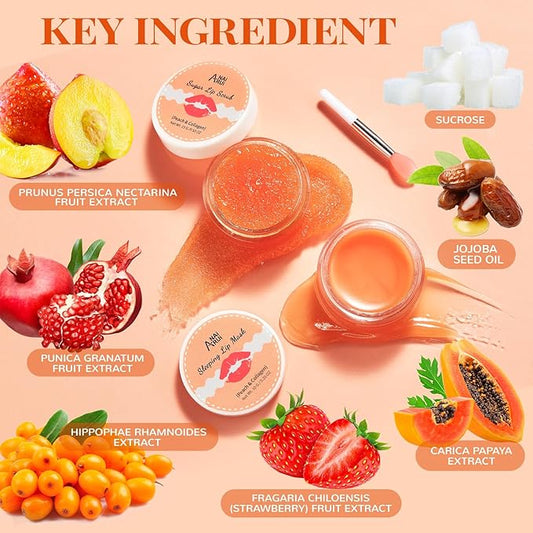 ANAI RUI Lip Mask & Lip Scrub Set, Lip Care Kit, Gift For Mother Girls, Overnight Lip Treatment with Lip Sleeping Mask & Sugar Lip Exfoliator Scrub, Lip Moisturizer for Dry, Chapped, Dark Lips, Peach