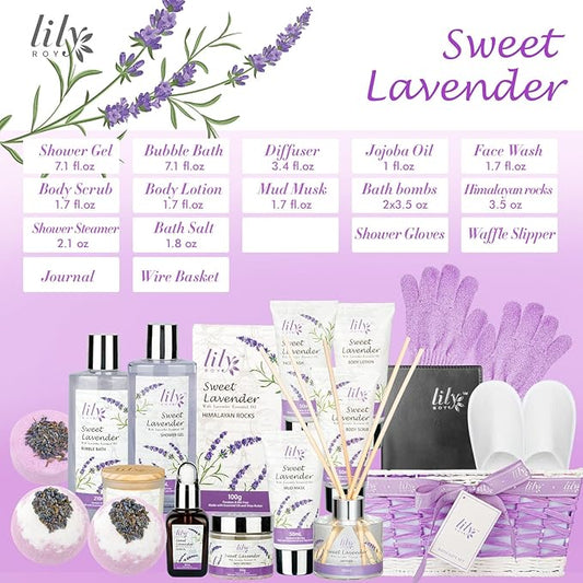Mothers Day Gift for Mom - Relaxing 18-Piece Bath and Body Basket for Women Lavender Spa Gift Basket Set Bath Collection with Bath Bomb | Christmas, Birthday, Perfect Spa Present for Her All Occasions
