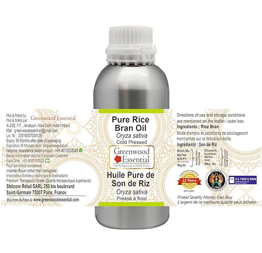 Pure Rice Bran Oil (Oryza Sativa) Cold Pressed 1250ml (42 oz)