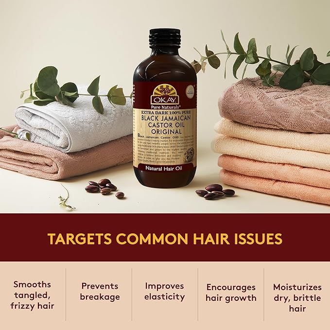 OKAY Pure Naturals Black Jamaican Castor Oil - Castor Oil for Hair Health, Moisture for Skin, Body, Scalp, Eyelashes, Eyebrows, for Men & Women - 4 oz (Pack of 1)