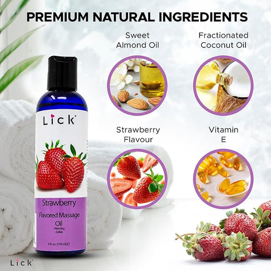 Lick Strawberry Flavored Massage Oil with Natural Vitamin E - Aromatherapy & Moisturizing Body Oil for Relaxing Muscle Massage - Essential Non-Sticky Skin Therapy for Men and Women - 4 oz