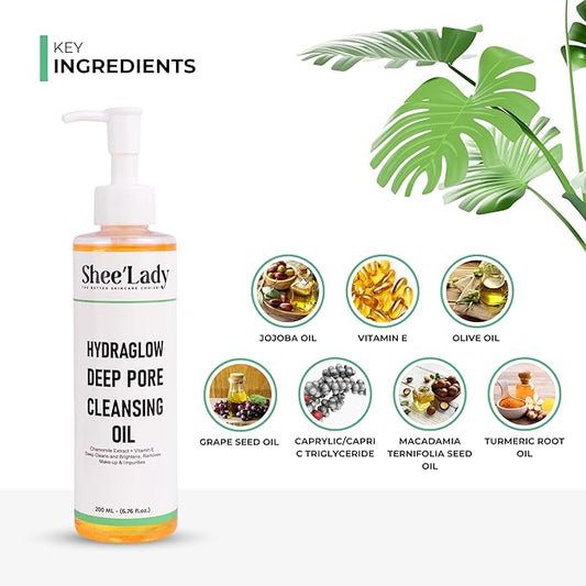 Shee'lady Hydraglow Deep Pore Cleansing Oil, limpiador facial en aceite – Best Cleansing Oil for Face, Blackhead & Makeup Remover Korean Skin Care, 6.76 fl oz (200ml)