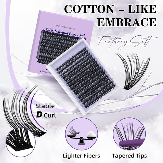 B&Qaugen Lash Extension Kit 280Pcs Volume Individual Lashes Kit Superfine Individual Eyelashes 10-18mm Soft D Curl Eyelash Clusters Kit with Bond and Seal Tweezers for Self Use (Kit-50D-10-18MIX)