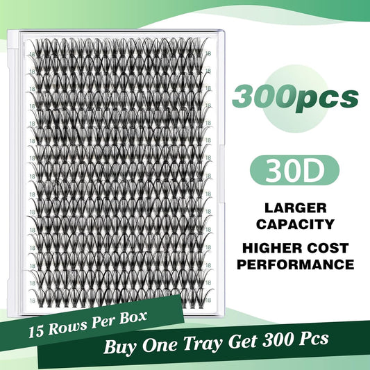 Lash Clusters 300pcs Individual Lashes 30D 0.07D Curl 18mm DIY Eyelash Extension KEYYOU Large Tray Volume Soft&Natural Cluster Lashes(30D-0.07D,18)
