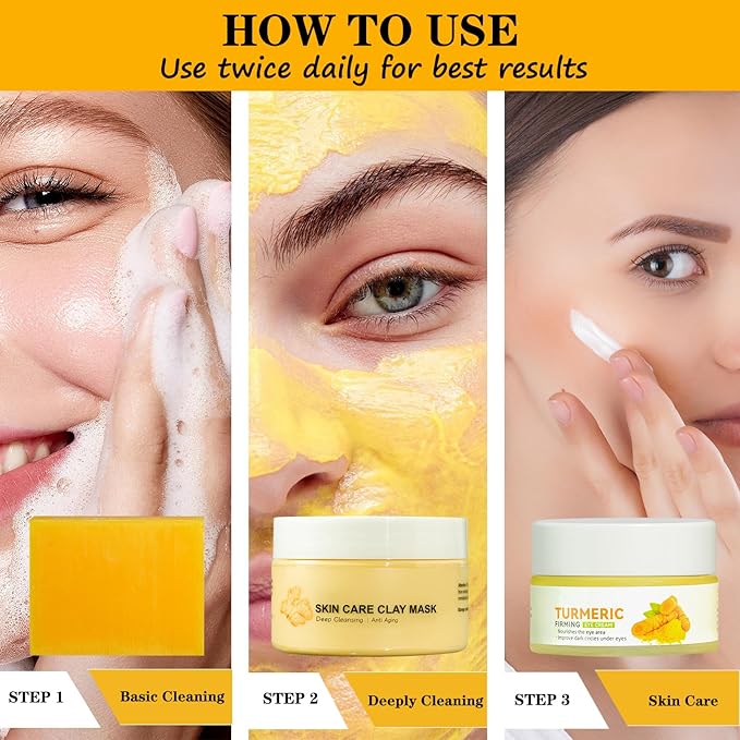 Turmeric Soap Bar Turmeric Clay Mask Turmeric Eye Cream Set of 3, Turmeric Facial Mask for Face with Kaolin Clay, Control Oil & Deep Cleansing, Natural Turmeric Soap for Acne, Blackheads & Smooth Skin