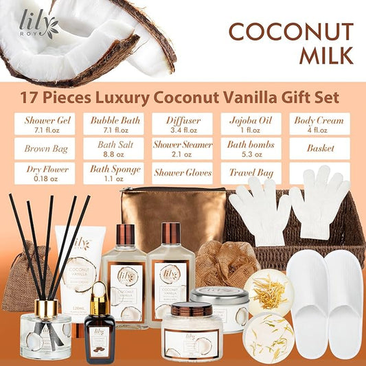 Mothers Day Gifts for Mom Coconut Vanilla Spa Gift Basket for Women 17-Piece Luxury Bath and Body Basket Set with Shower Gel Diffuser Relaxing Self Care Pampering Gifts for Her Birthday Bridal Shower