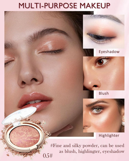 Baked Powder Blush, Glow Marbleized Blusher Powder Palette,Lightweight Shimmery face Blush for Cheek,Eyeshadow Highlight,Thanksgiving Makeup Gift for Women rubores de maquillaje(0.49Ounce)-05