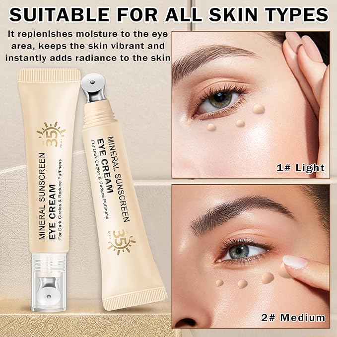 Mineral Sunscreen Eye Cream,3-in-1 Under Eye Cream,for Puffiness and Bags Under Eyes,Dark Circle and Wrinkles,Anti Aging,Under Eye Brightener and Concealer,SPF 35 (Light)