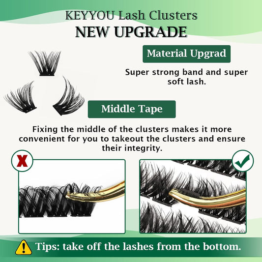 KEYYOU Lash Clusters, 96 Pcs DIY Lash Extensions, D Curl 16mm, Black, Realistic, Non-Irritating, Easy DIY at Home
